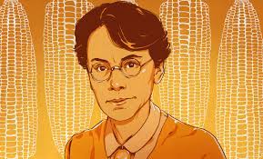 Imagen representativa de Barbara McClintock con maíz en el fondo